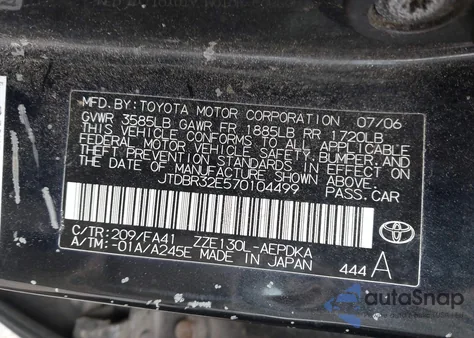 2007 Toyota Corolla Ce из США, поврежденный, VIN JTDBR32E570104499